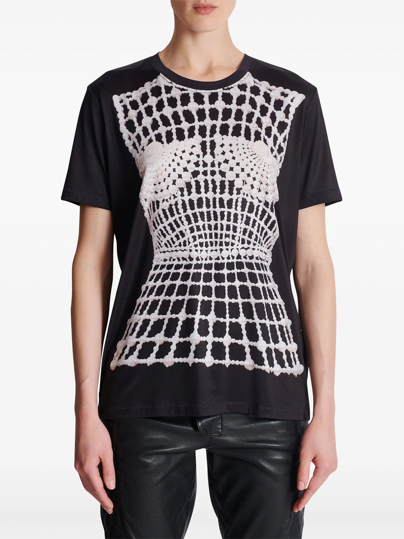 Flowing T-shirt with trompe-l'œil print and embroidery