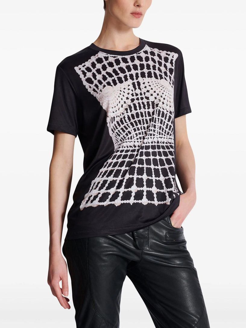 Flowing T-shirt with trompe-l'œil print and embroidery