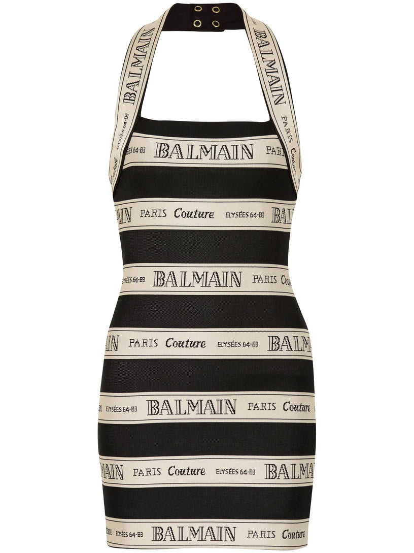 Halter neck dress in jacquard with Balmain ribbon motif