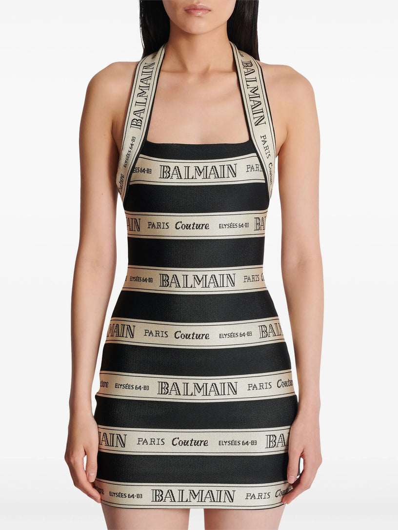 Halter neck dress in jacquard with Balmain ribbon motif