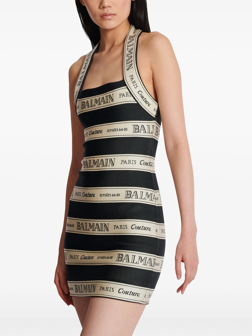 Halter neck dress in jacquard with Balmain ribbon motif