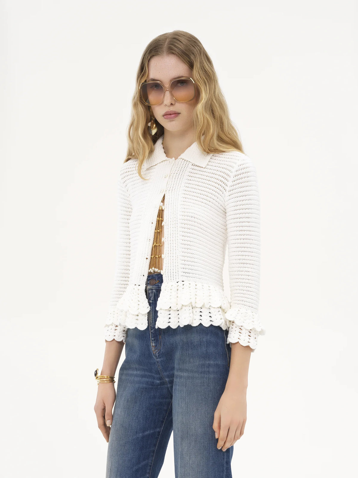 Fitted crochet knit cardigan