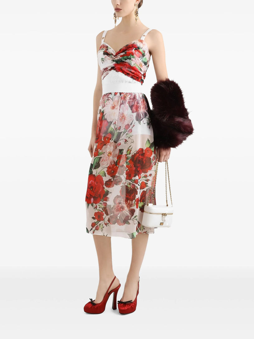Rose-print chiffon calf-length skirt