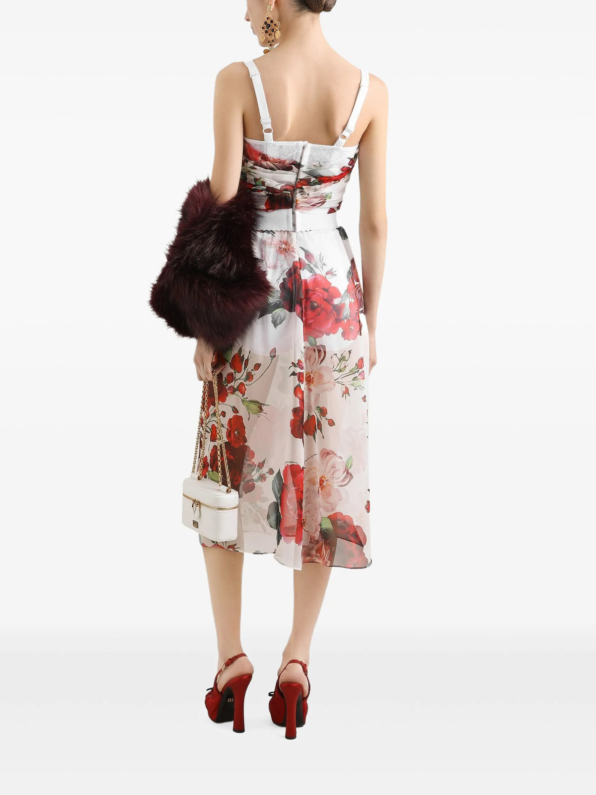 Rose-print chiffon calf-length skirt