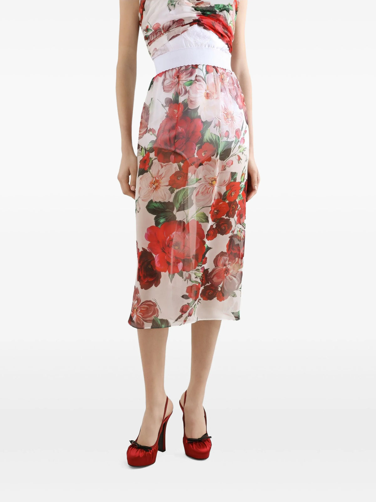 Rose-print chiffon calf-length skirt