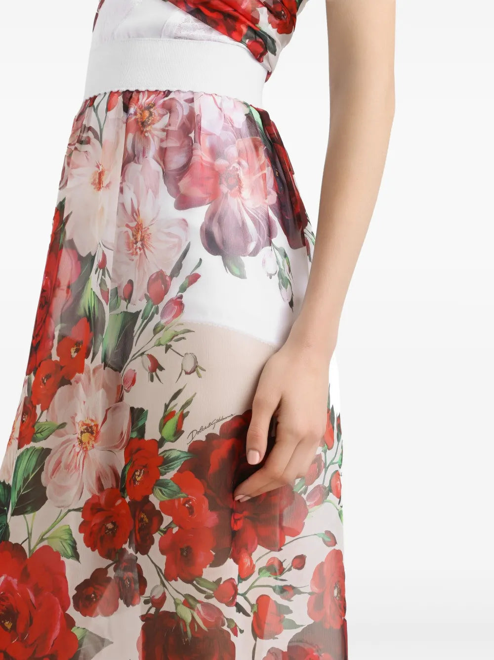 Rose-print chiffon calf-length skirt