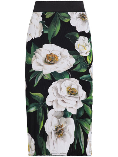 Calf-length stretch pencil skirt with gardenia print