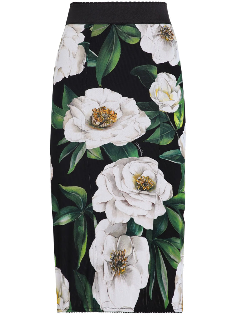 Calf-length stretch pencil skirt with gardenia print