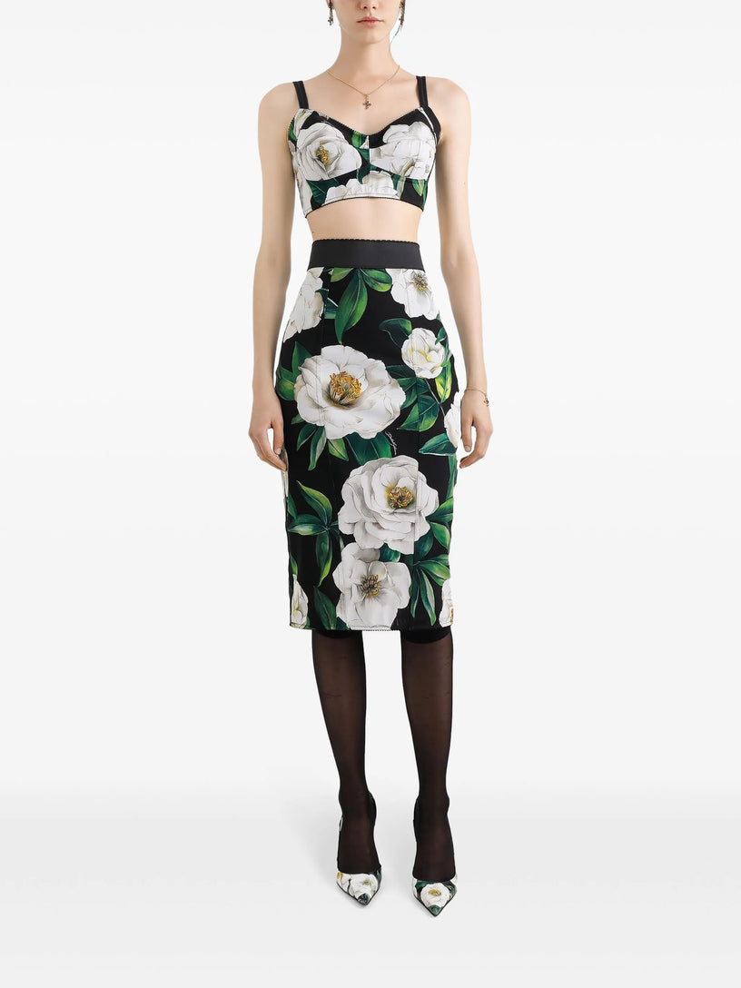 Calf-length stretch pencil skirt with gardenia print