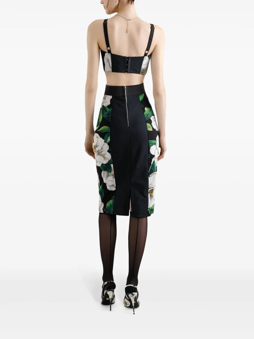 Calf-length stretch pencil skirt with gardenia print