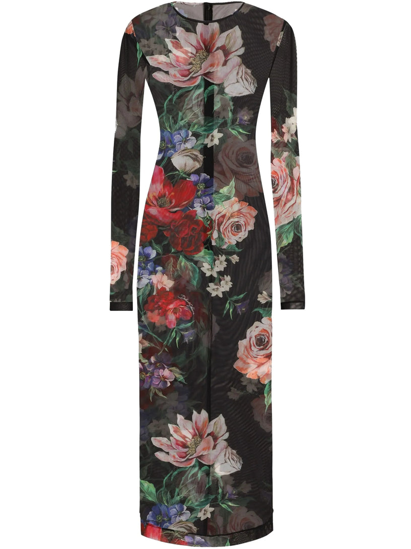 Tulle calf-length dress with floral print