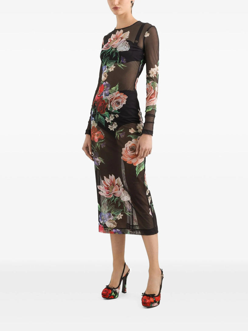 Tulle calf-length dress with floral print