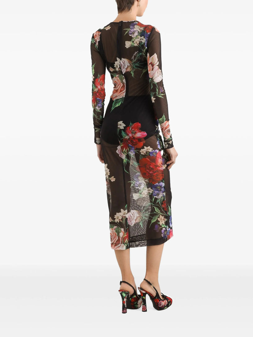 Tulle calf-length dress with floral print