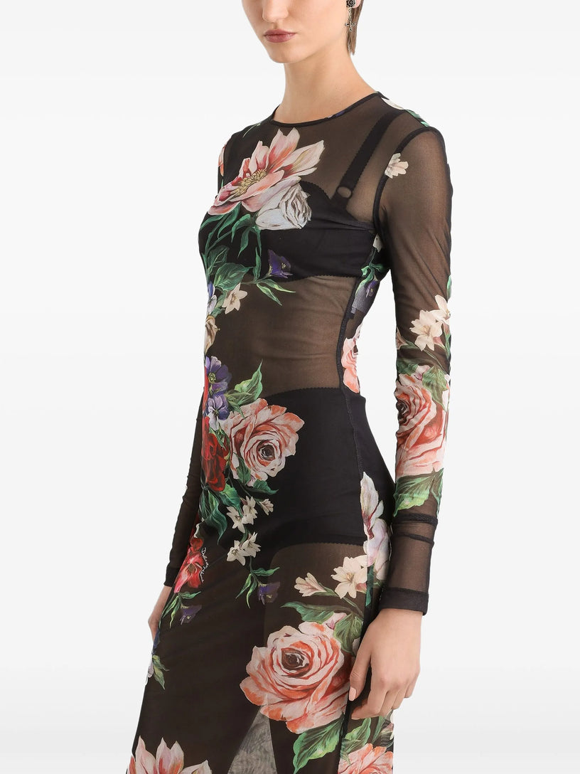 Tulle calf-length dress with floral print