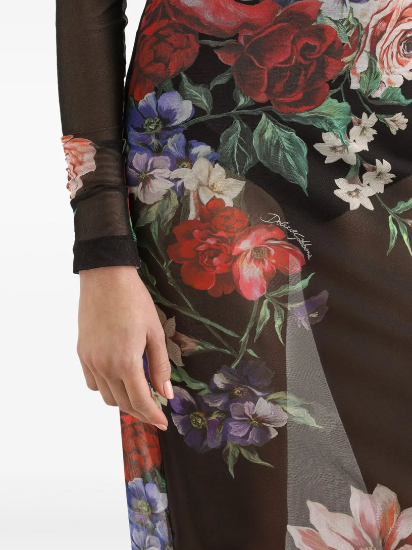 Tulle calf-length dress with floral print