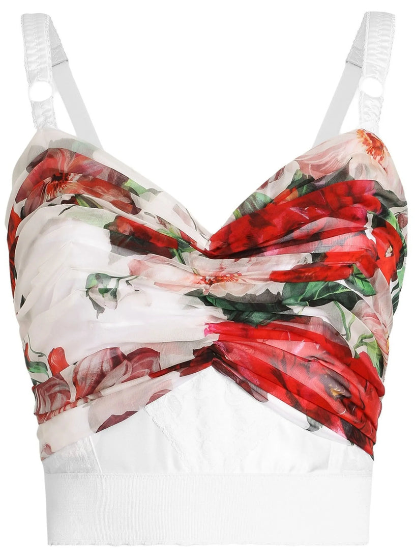 Rose-print marquisette and chiffon corset top