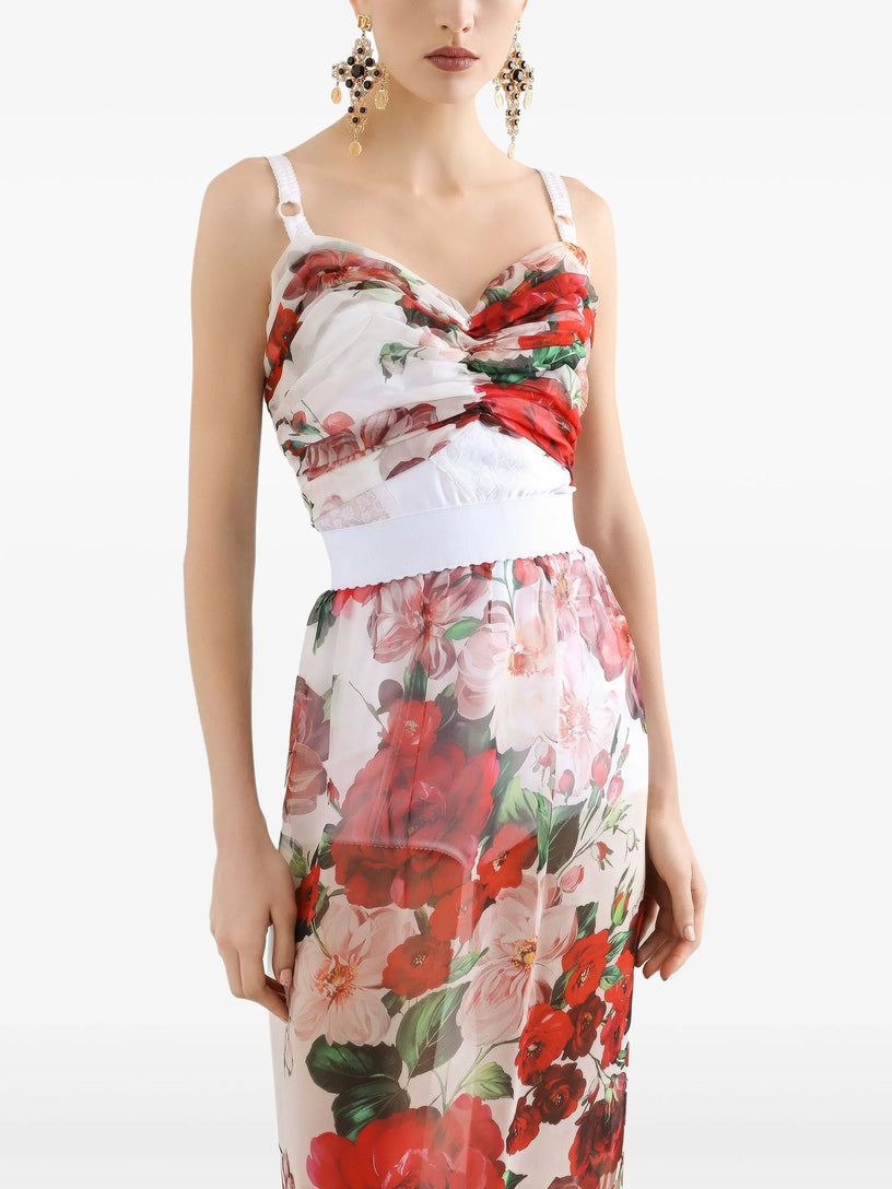 Rose-print marquisette and chiffon corset top