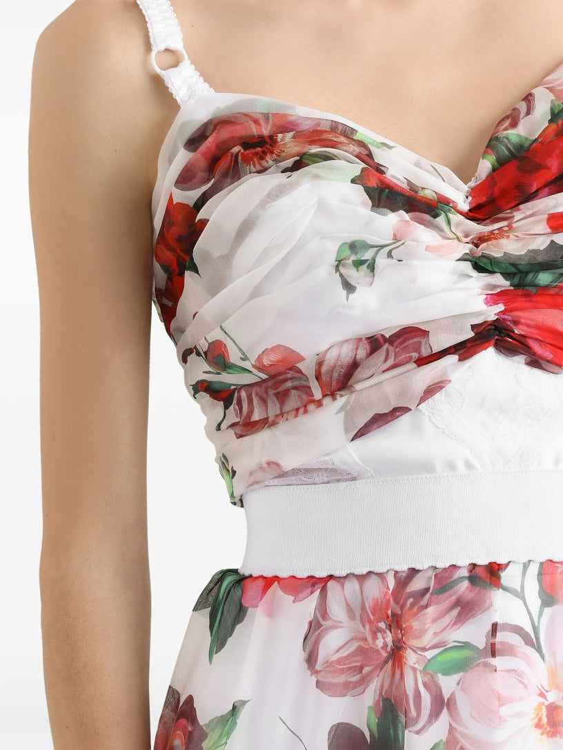 Rose-print marquisette and chiffon corset top