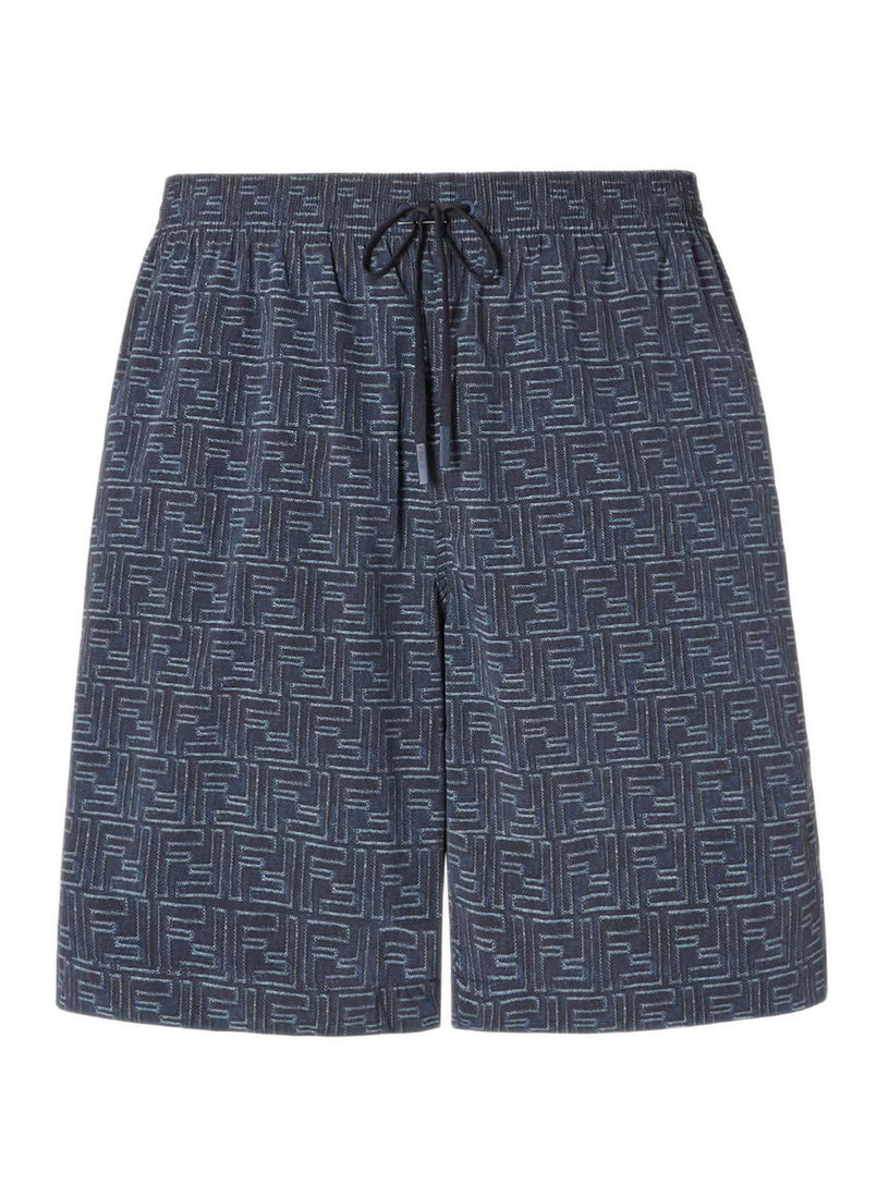 Blue denim-effect FF nylon shorts