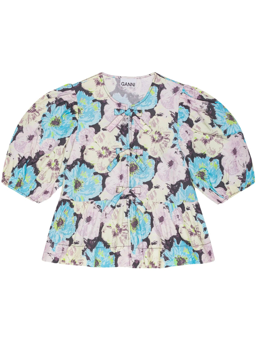 Cotton Peplum Blouse with Floral Print