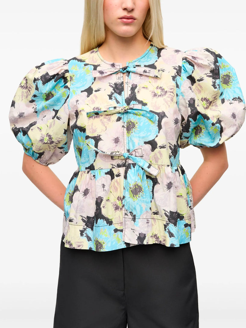Cotton Peplum Blouse with Floral Print