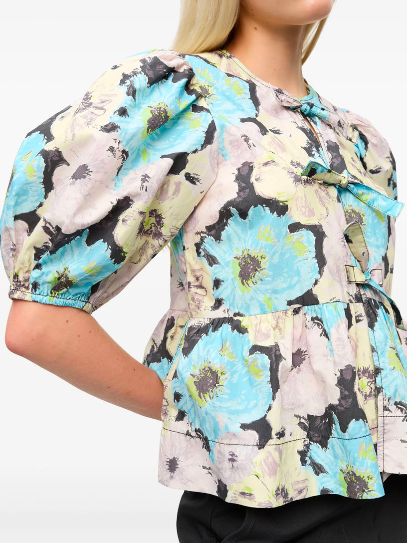 Cotton Peplum Blouse with Floral Print
