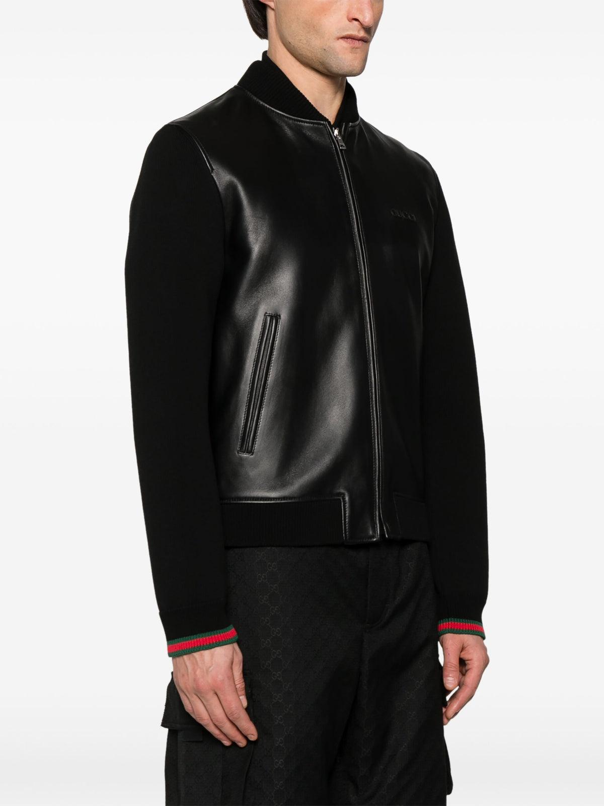 Nappa leather and knit bomber jacket