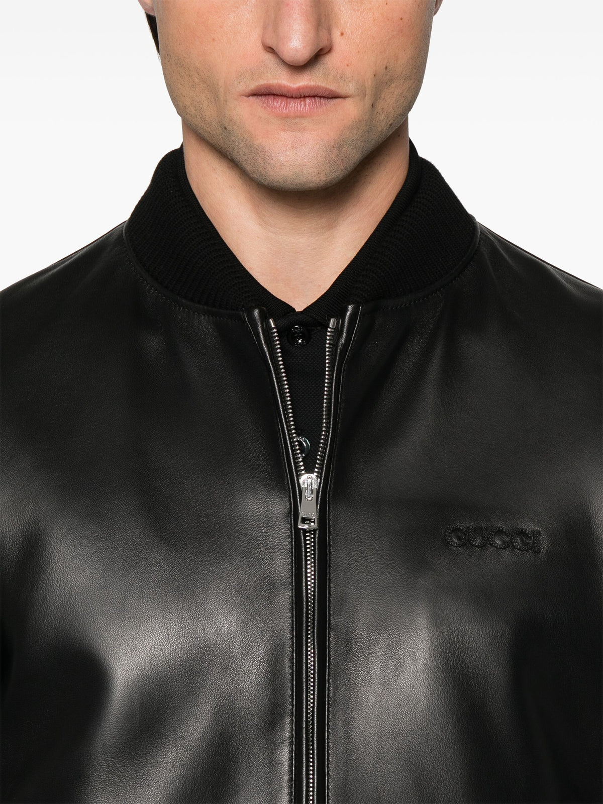 Nappa leather and knit bomber jacket