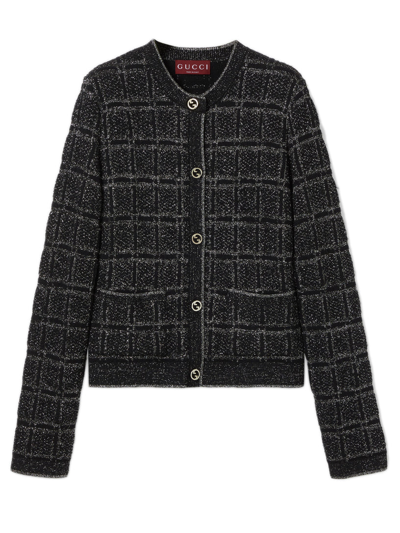 Wool and lamé check jacquard cardigan
