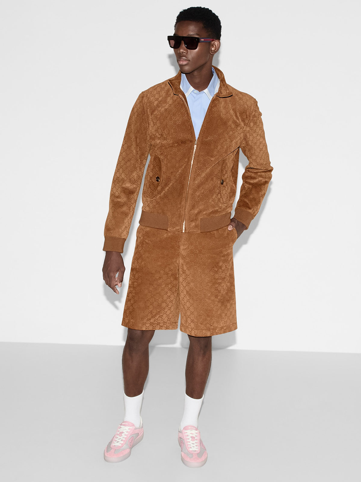 Embossed GG suede bomber jacket