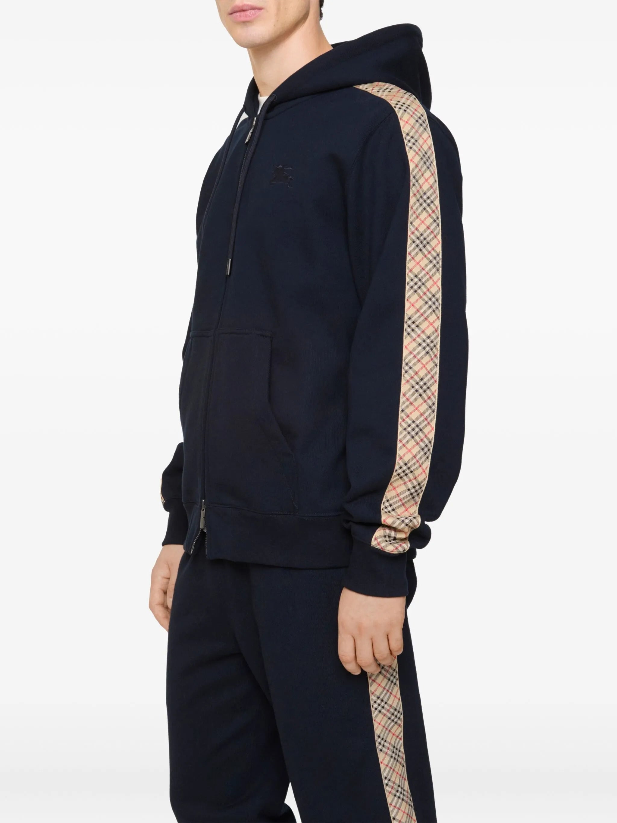Check Trim Cotton Zip Hoodie Burberry Blu | Grifo210