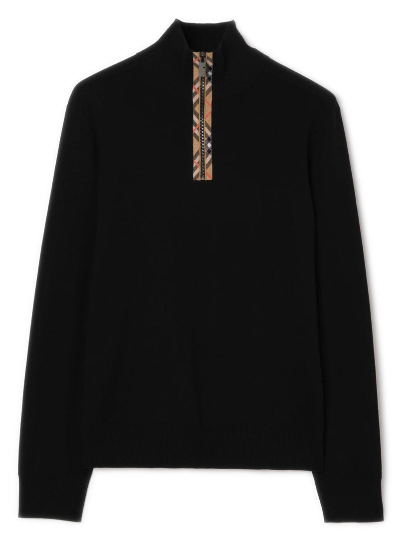 Wool pullover with half zip and check trim