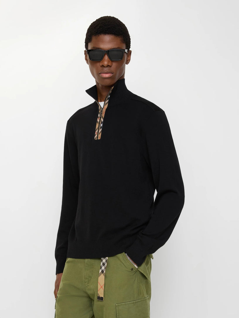 Wool pullover with half zip and check trim
