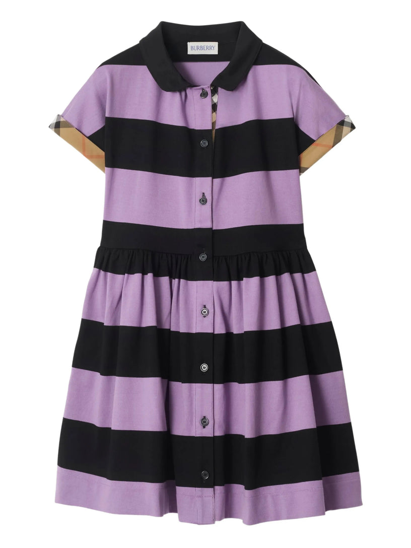 Check Trim Striped Shirt Dress