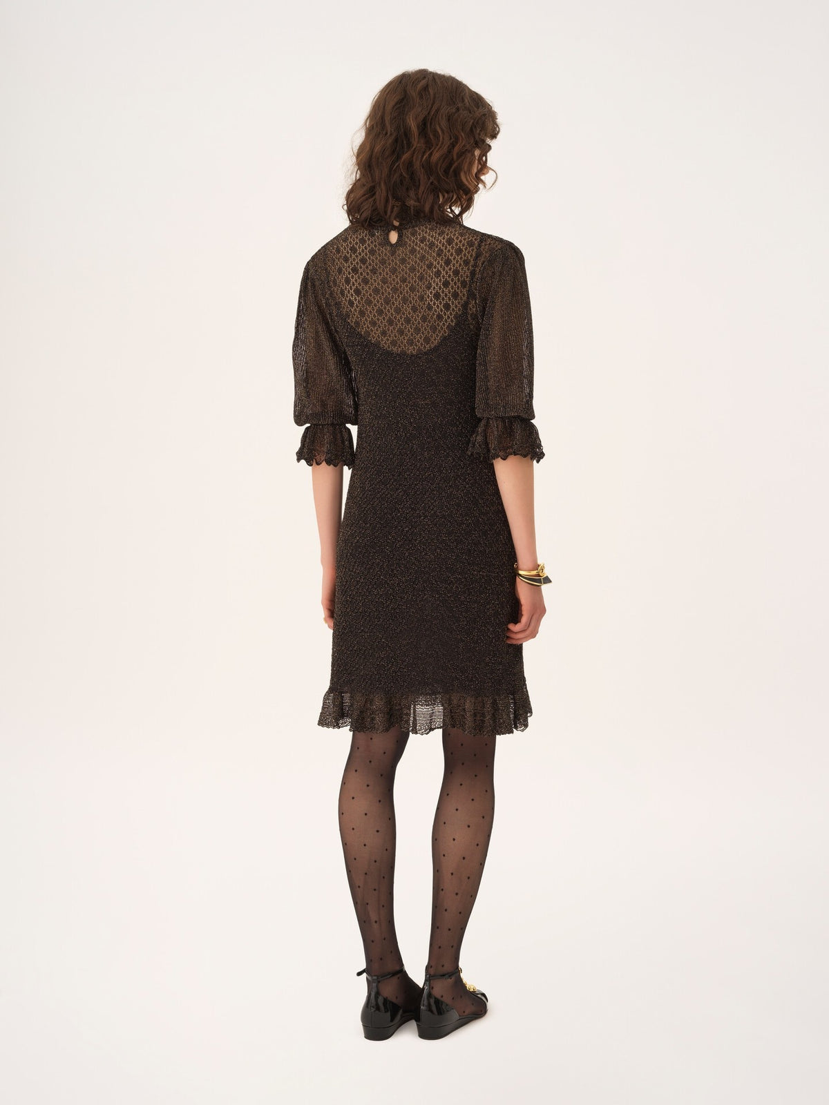 Mini dress with puffed sleeves and ruffles in lurex knit