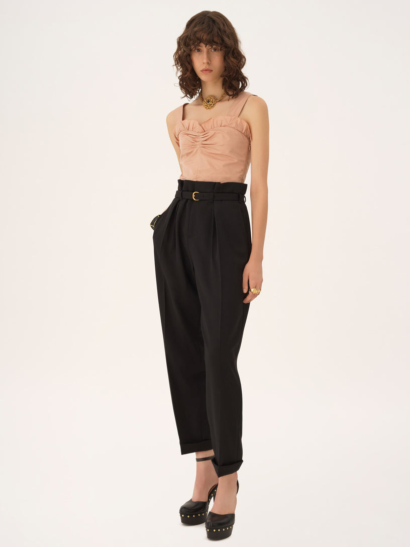 Wide-leg, high-waisted trousers in grain de poudre wool