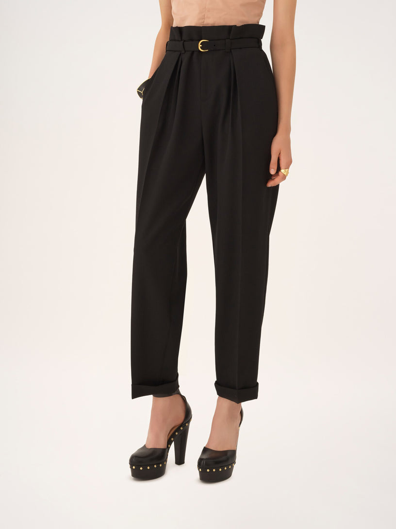 Wide-leg, high-waisted trousers in grain de poudre wool