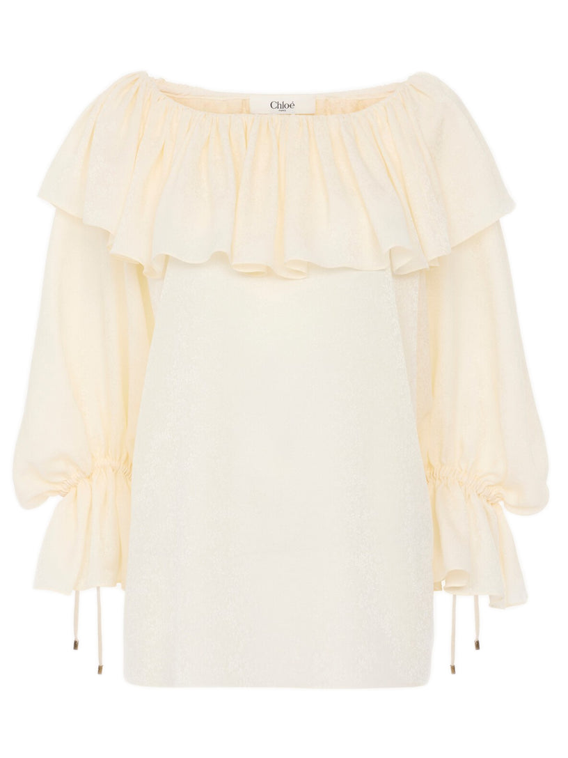 Flowing top with ruffles in silk jacquard