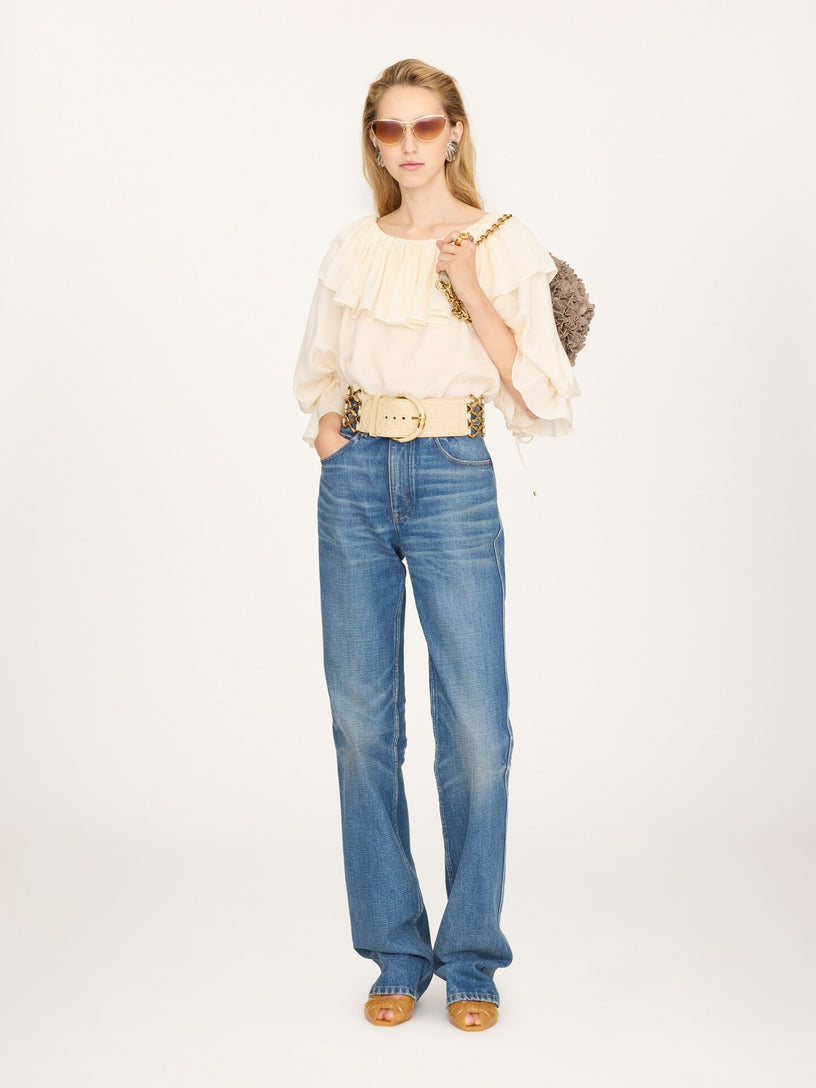 Flowing top with ruffles in silk jacquard