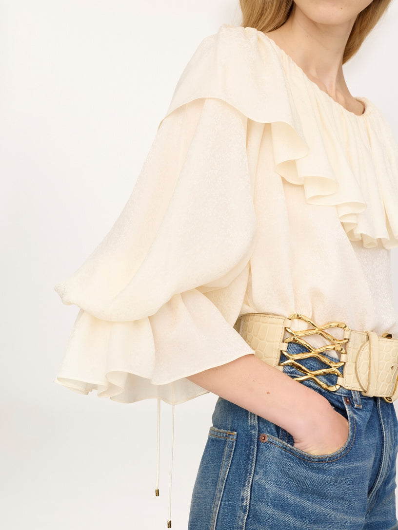 Flowing top with ruffles in silk jacquard