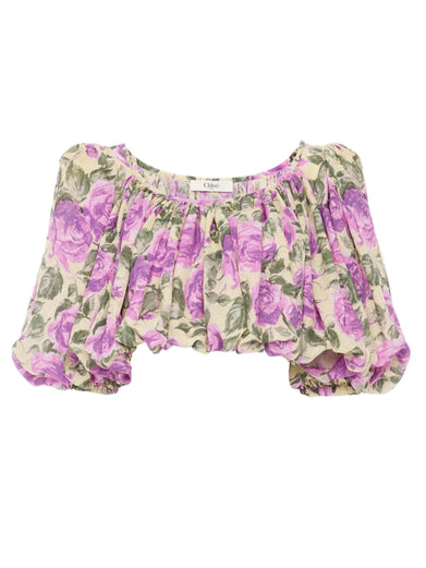 Silk jacquard crop top with puffed sleeves
