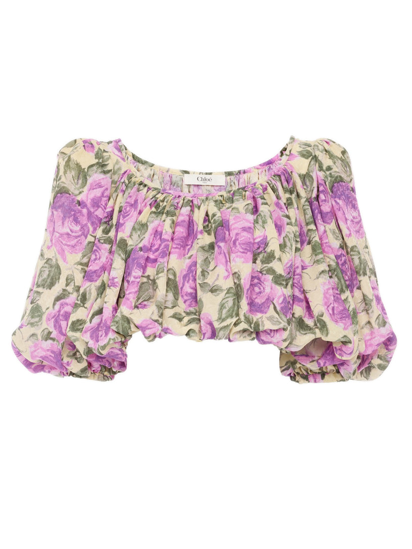 Silk jacquard crop top with puffed sleeves