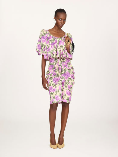 Silk jacquard crop top with puffed sleeves