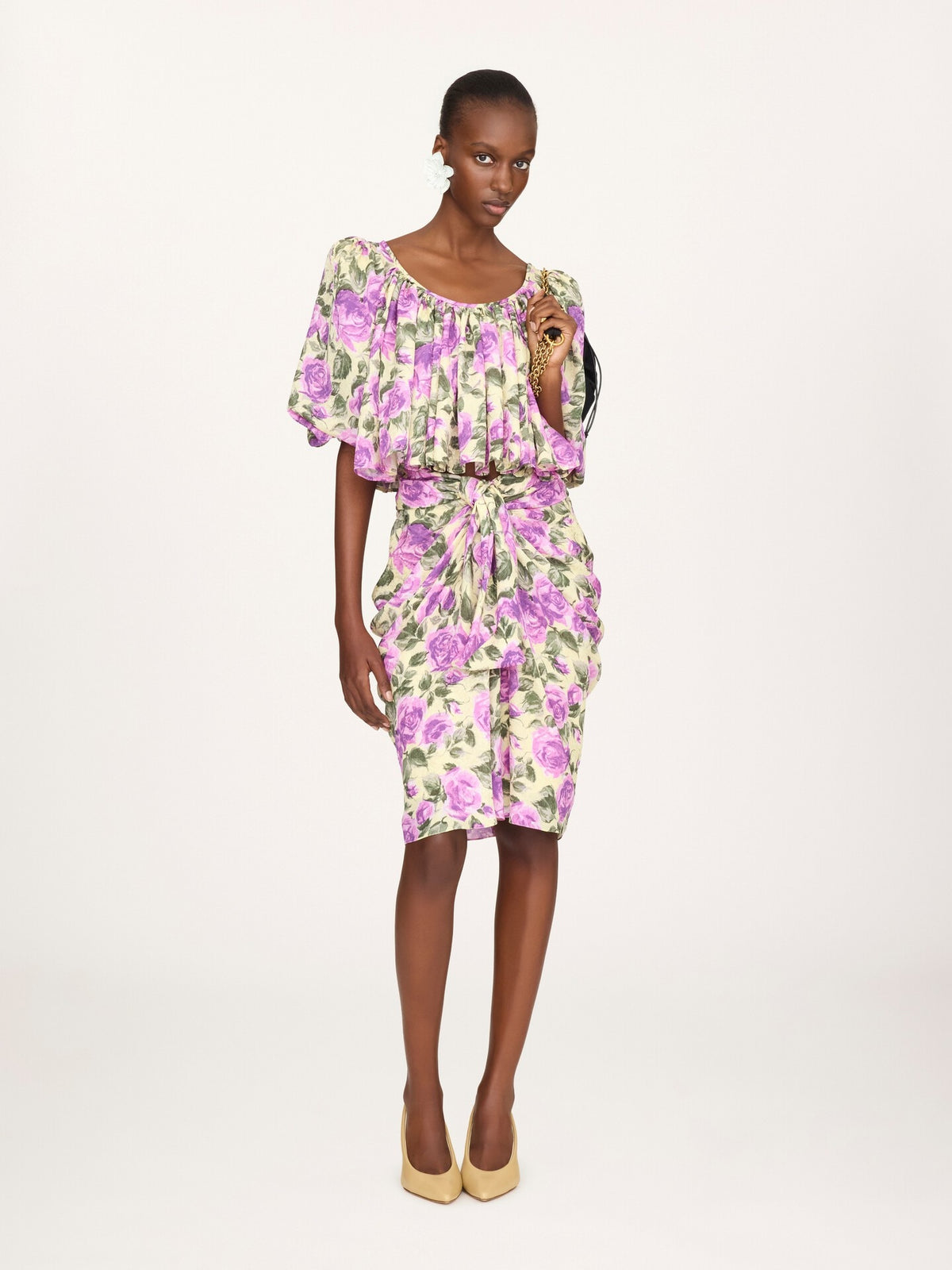 Silk jacquard crop top with puffed sleeves