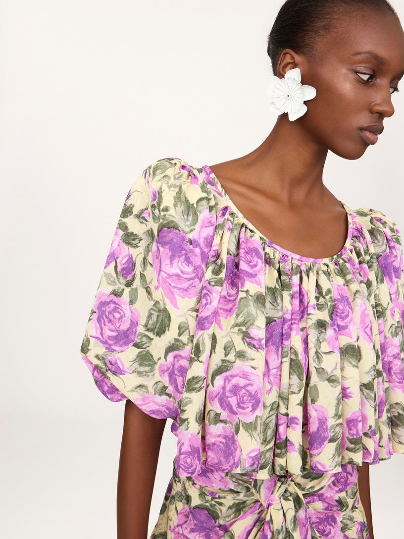 Silk jacquard crop top with puffed sleeves