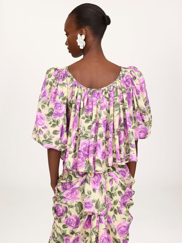 Silk jacquard crop top with puffed sleeves