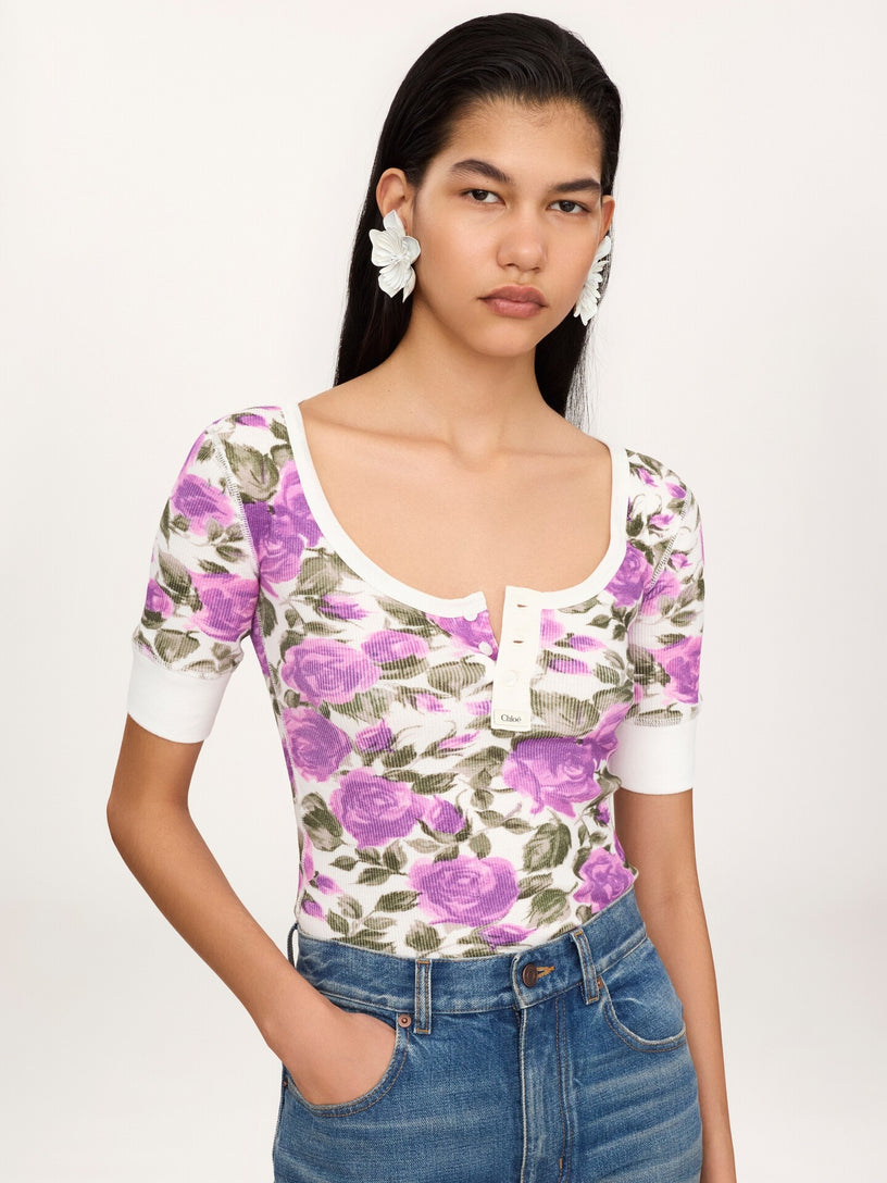 Short-sleeved Henley top in cotton jersey