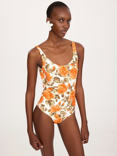 One-piece swimsuit with rose print