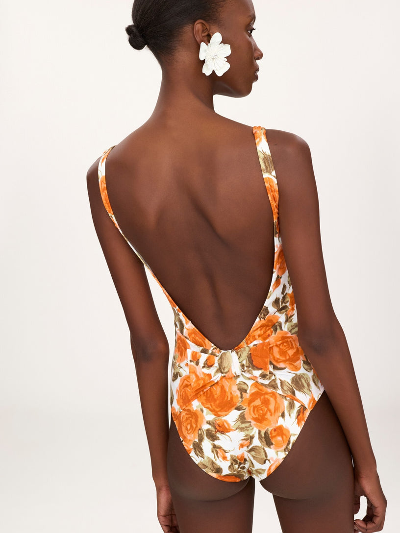 One-piece swimsuit with rose print