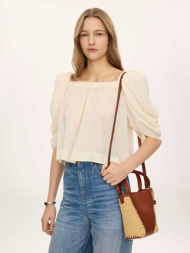Chloé Spin small tote bag in raffia-effect fibres and leather